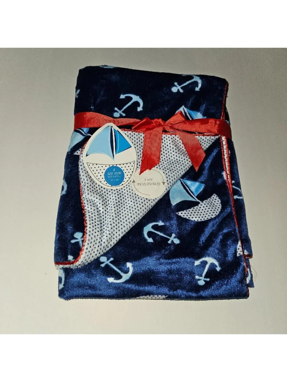 NEW Sweet Lullaby Reversible Fleece Baby Blanket Blue Boats Anchors Polka Dots